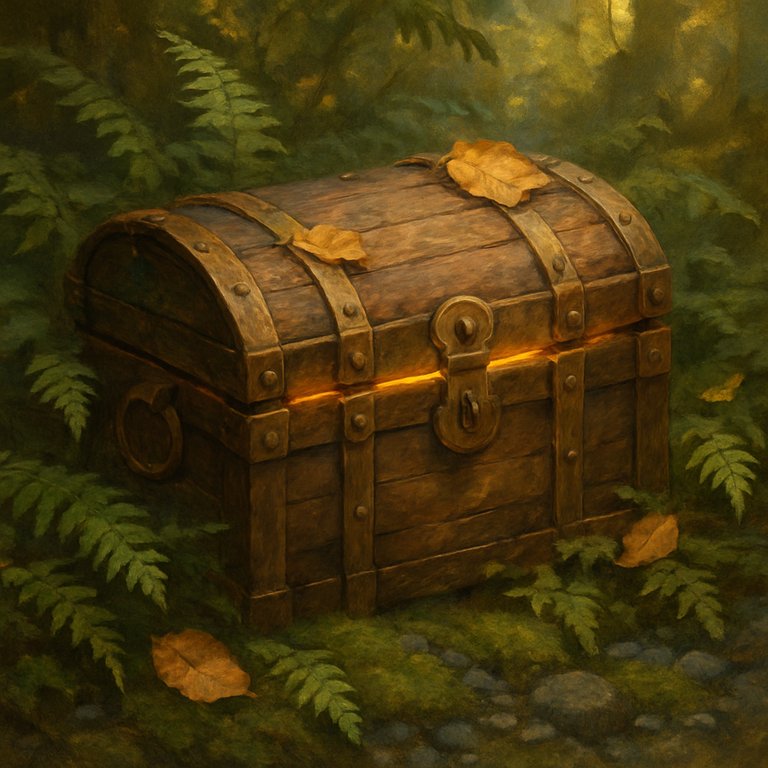 A weathered treasure chest, half-buried in ferns, glowing faintly from within.